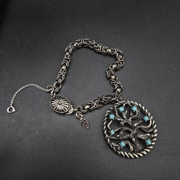 LEC Signed Tree Of Life Charm Bracelet Dark Silver Tone Chain Jewelry Boucher - Picture 2 of 10